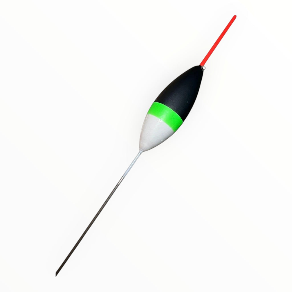LaBoutiquedelGalleggiante fishing float, black and white with green band and bright orange tip for high visibility.